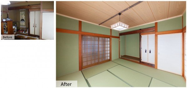 和室は色を塗り直し、和紙畳にかえて扉も作り直しました。入口の扉はリビングに入っていたものをリメイク。