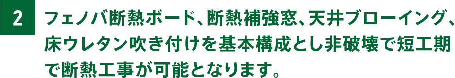 フェノバ断熱ボード、断熱補強窓、天井ブローイング、床ウレタン吹き付けを基本構成とし非破壊で短工期で断熱工事が可能となります。