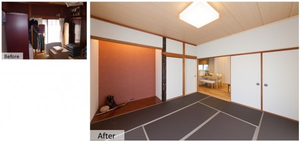 畳替えと壁の塗り替えを行い、色も一新。朱色の床の間が映える和室になりました